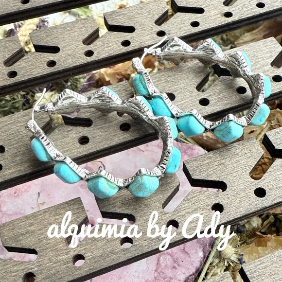 Turquoise oval big bohemian hoop earrings chunky - Picture 1 of 5